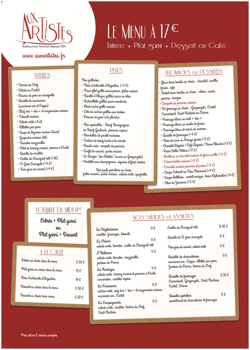 Aux Artistes menu 1