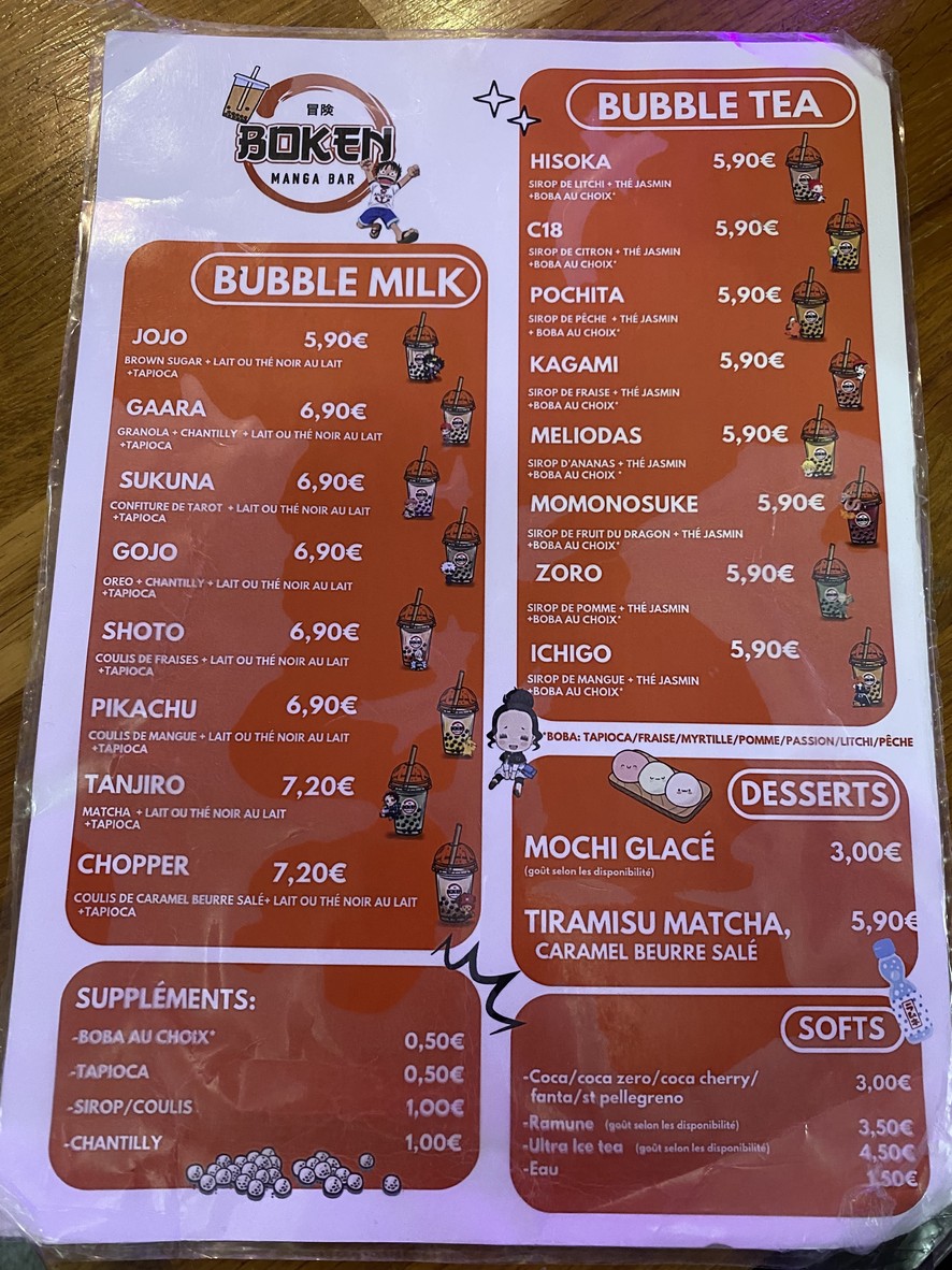 Boken - Manga restaurant- Bubble Tea Bar menu 2