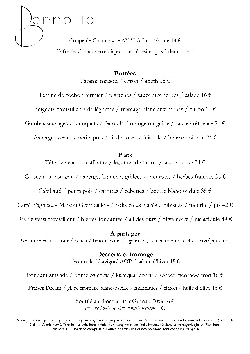Bonnotte menu 1