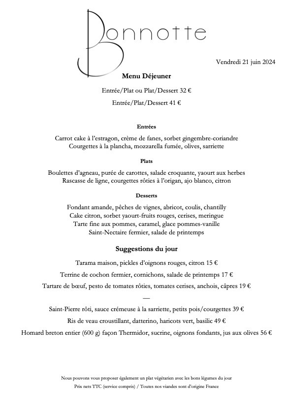 Bonnotte menu 2