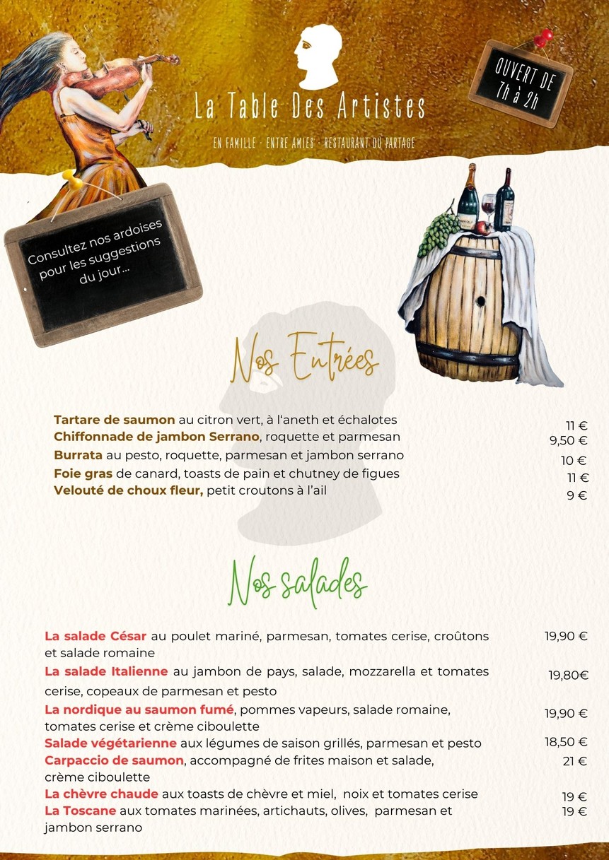 La Table des Artistes menu 1