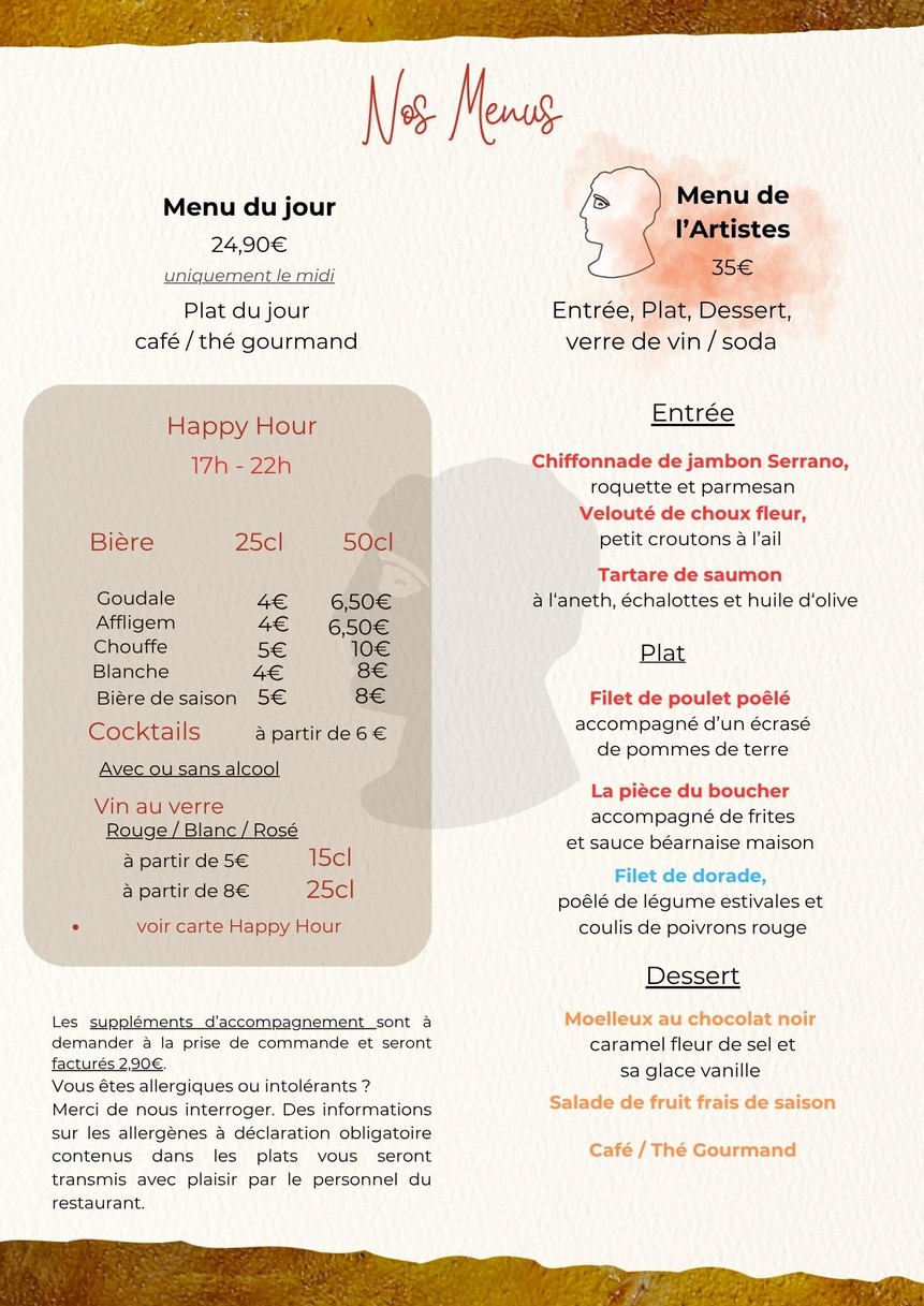 La Table des Artistes menu 2