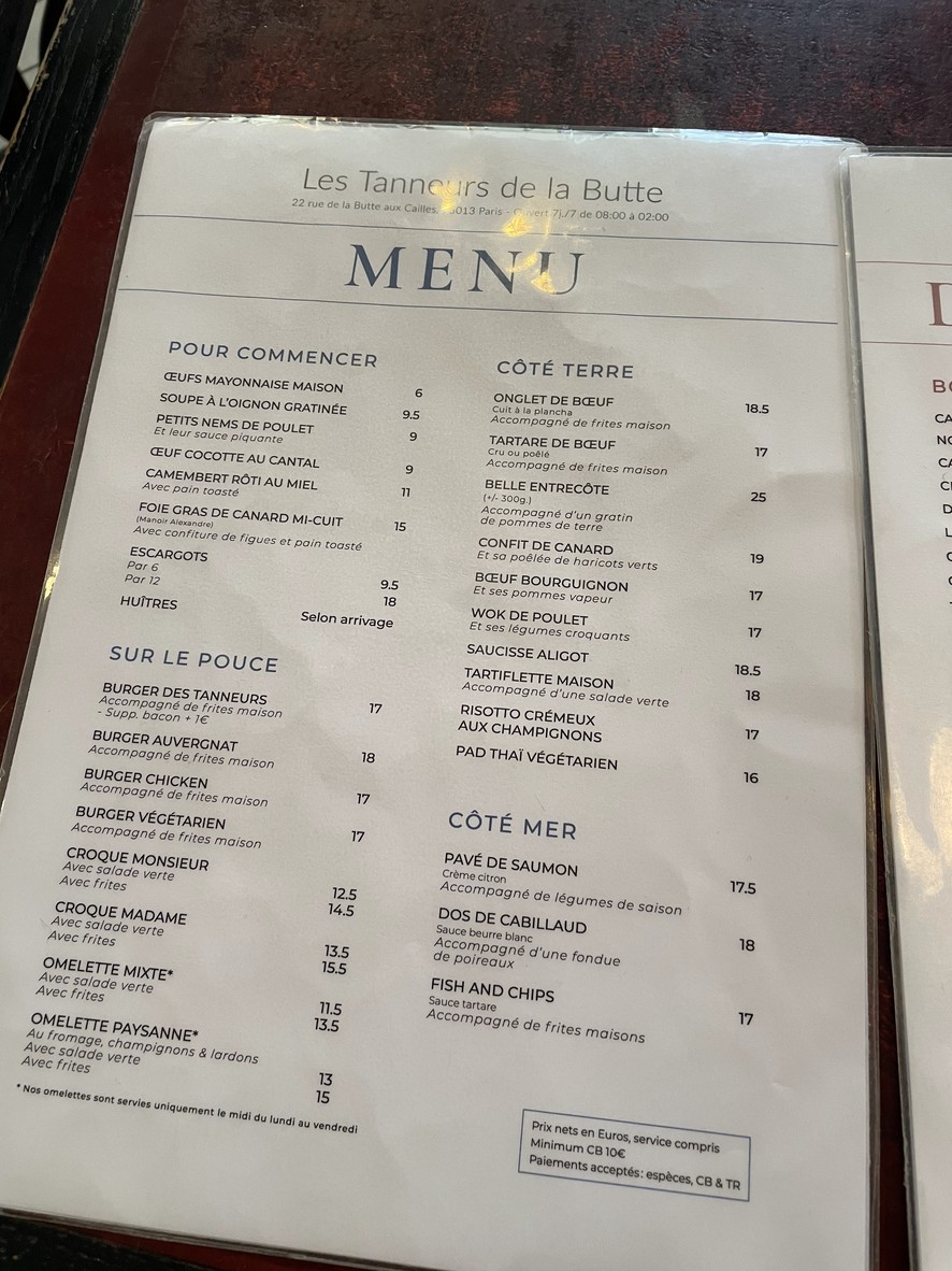 Les Tanneurs de la Butte menu 1