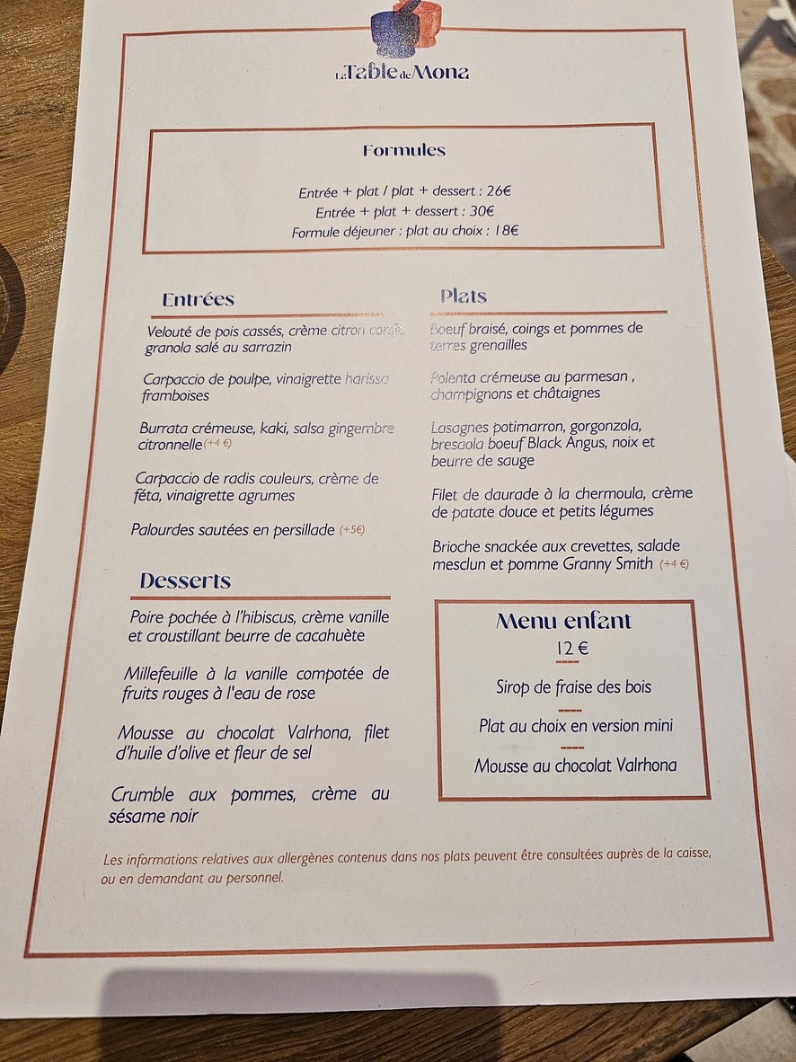 La Table de Mona menu 1