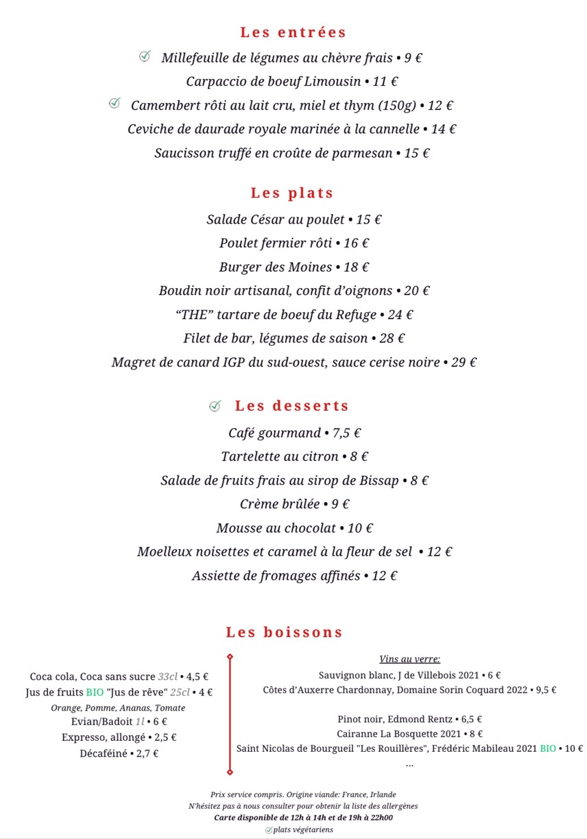 Le Refuge des Moines menu 1