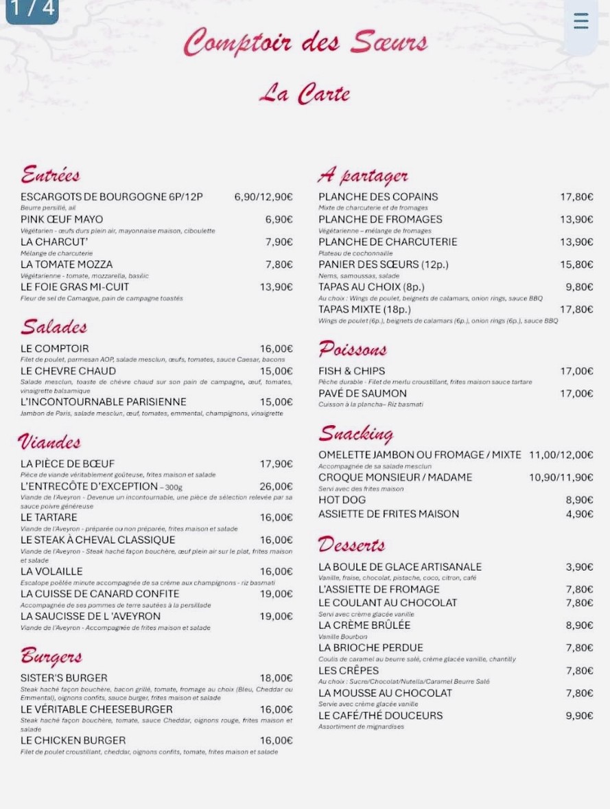 Comptoir des sœurs menu 1