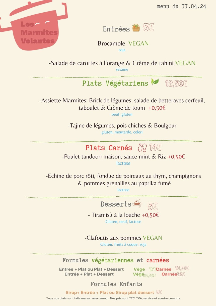 Les Marmites Volantes menu 1