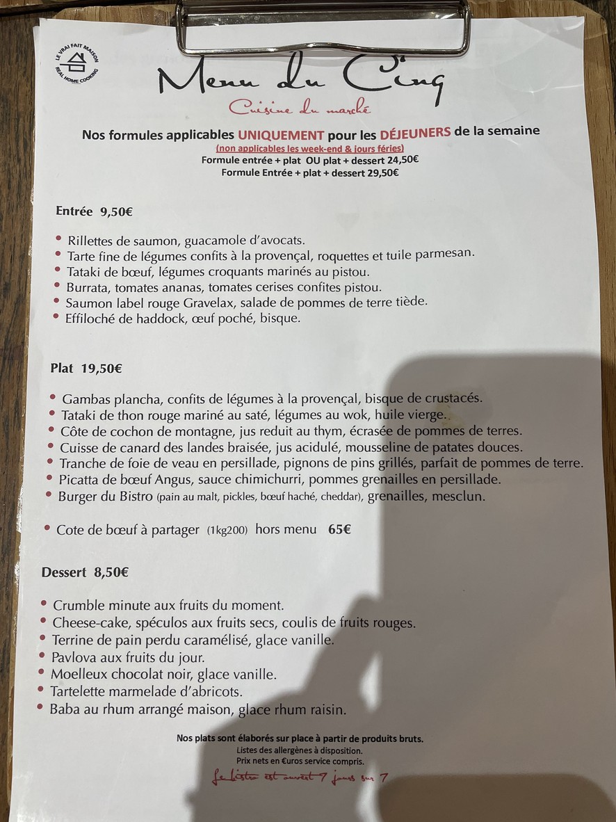 Bistro le Cinq menu 1
