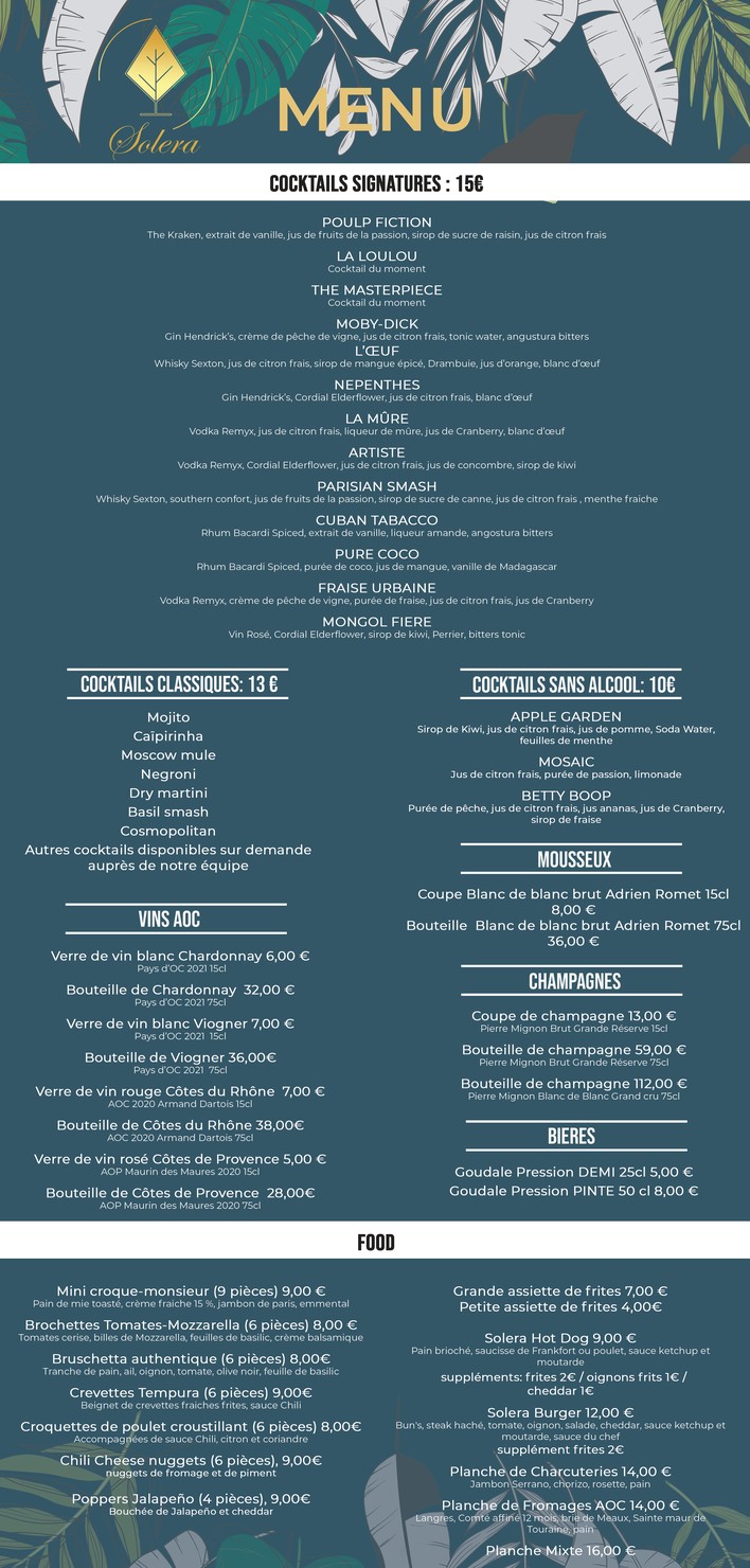 Solera Paris : Bar à Cocktail menu 1