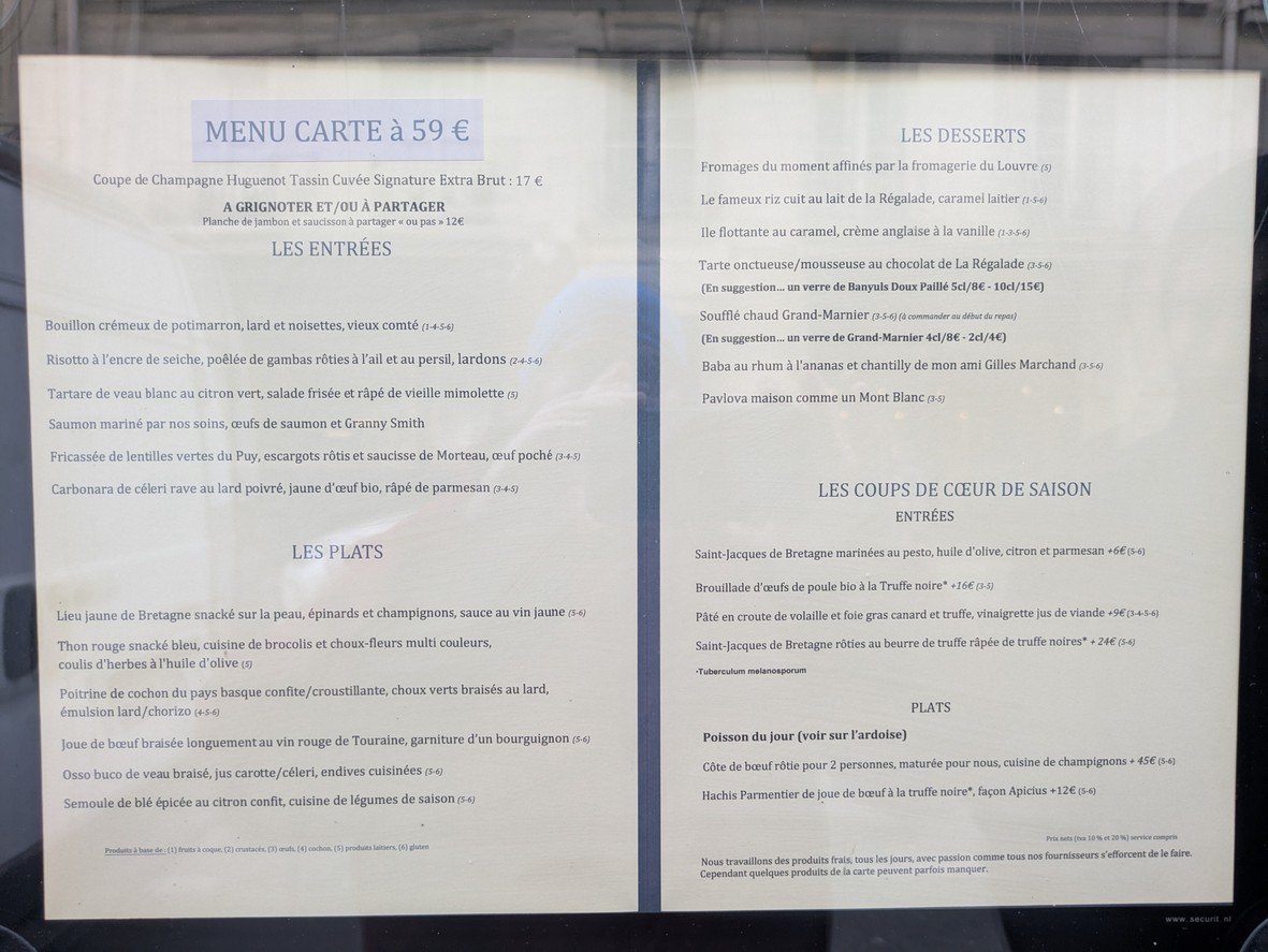 La Régalade Saint-Honoré menu 1