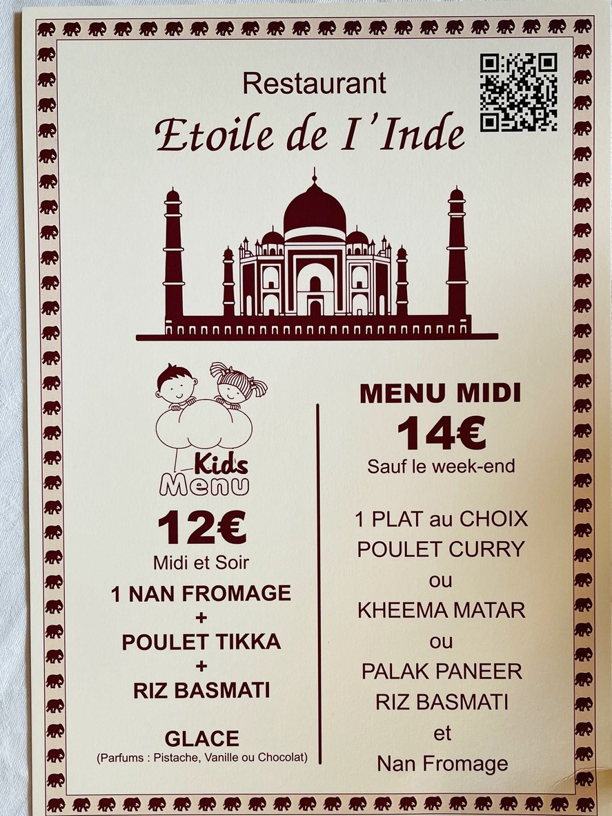 Etoile de L'Inde menu 1