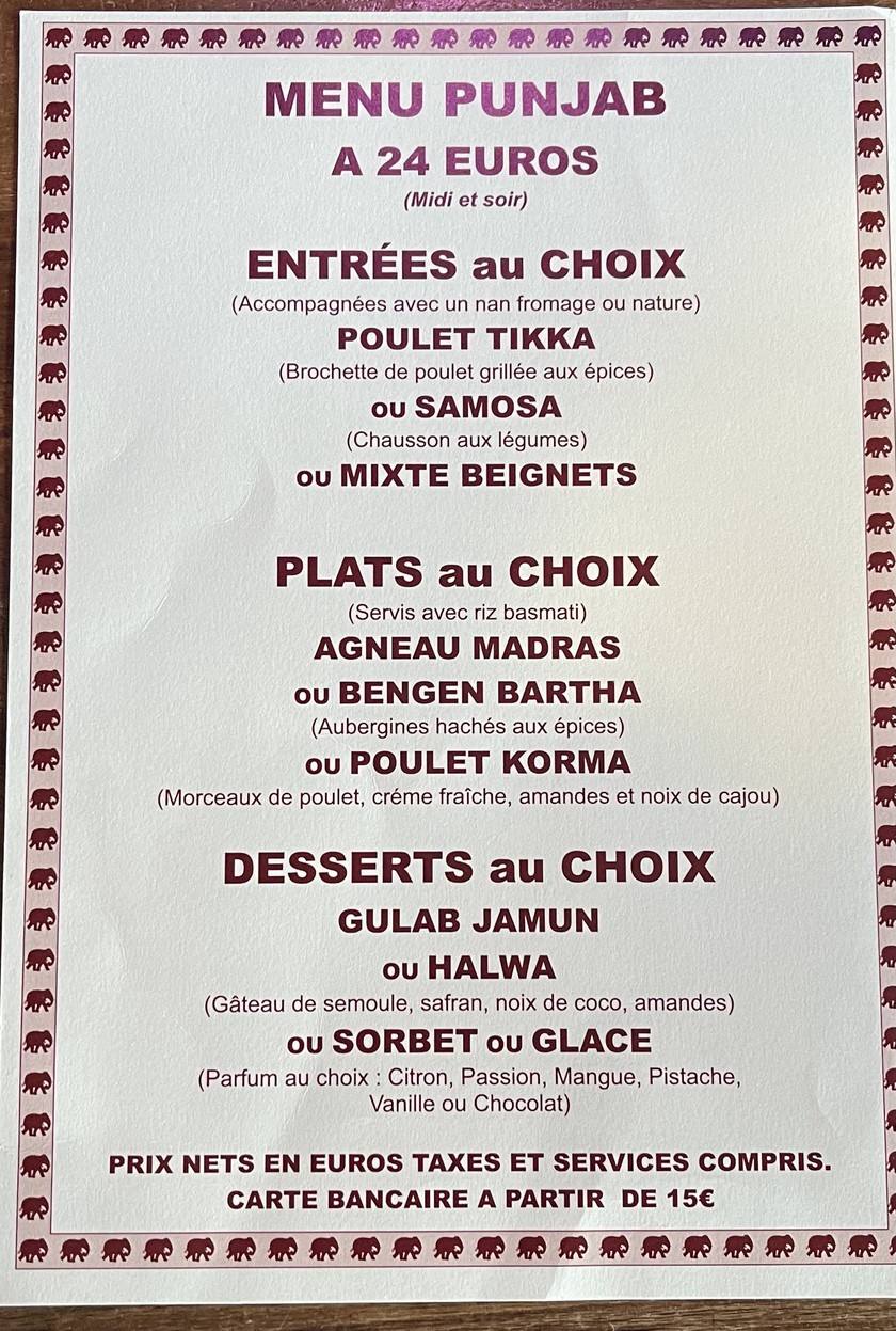 Etoile de L'Inde menu 2