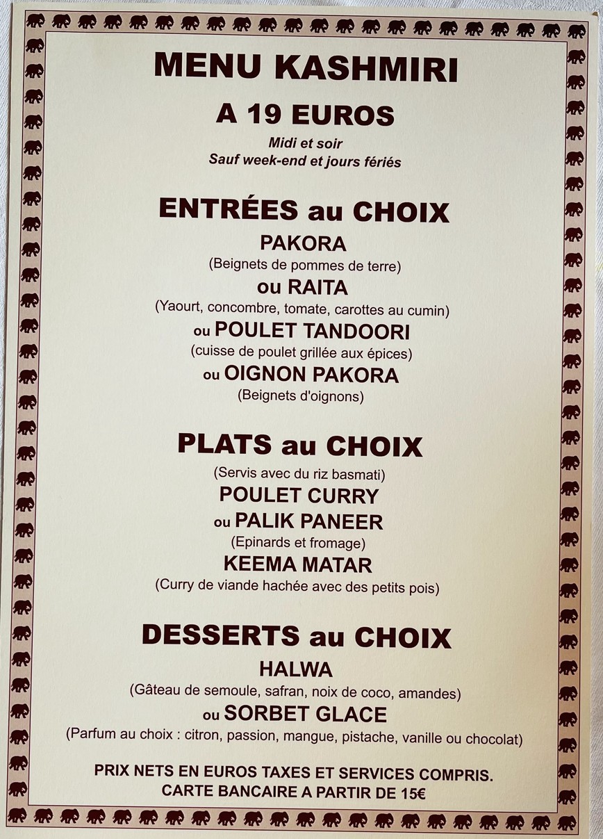 Etoile de L'Inde menu 3