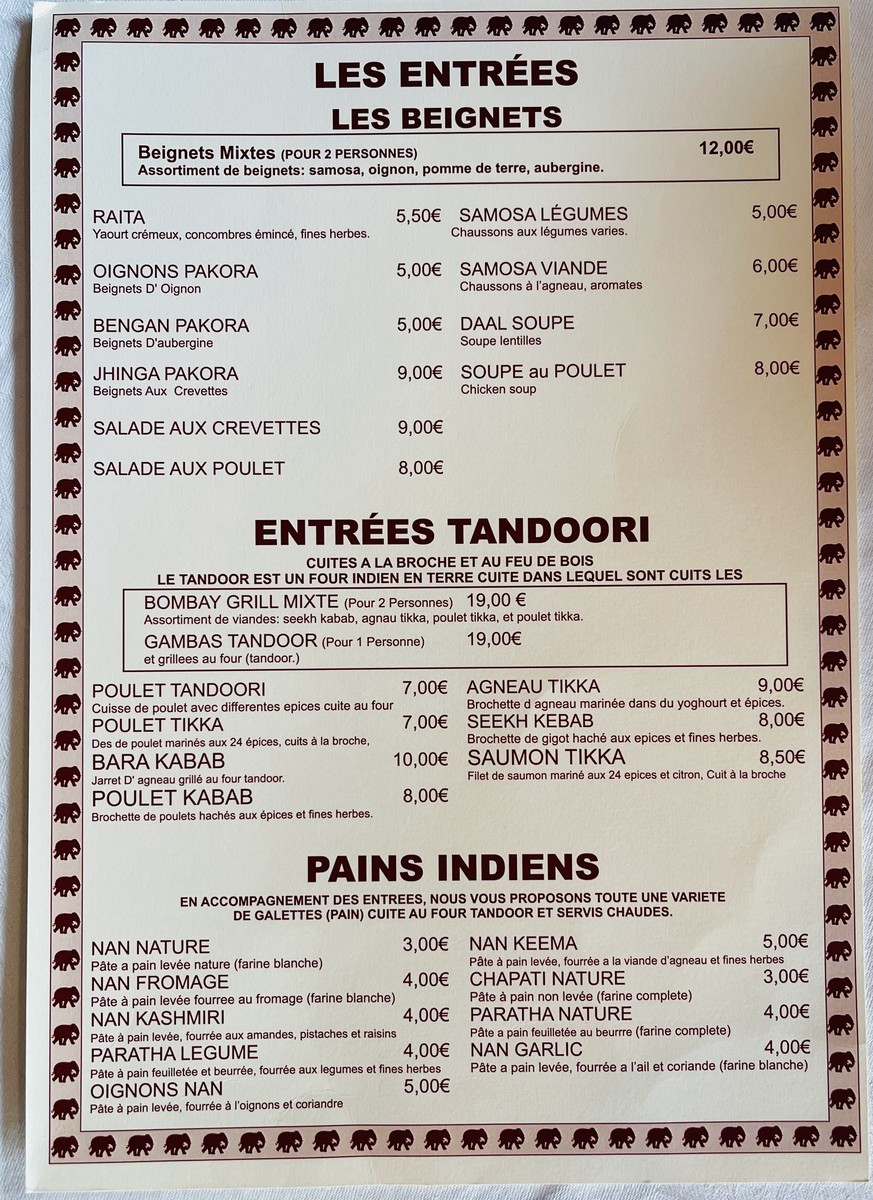 Etoile de L'Inde menu 4