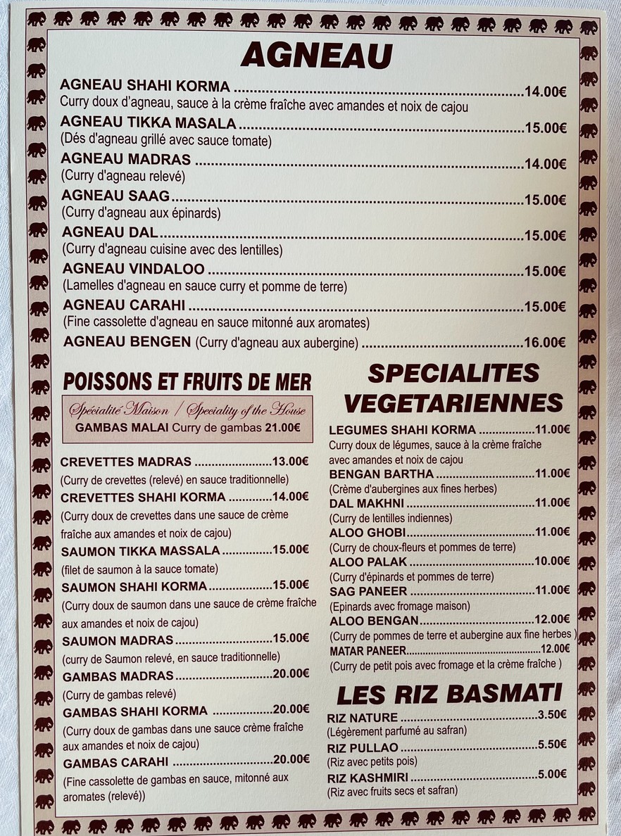Etoile de L'Inde menu 5