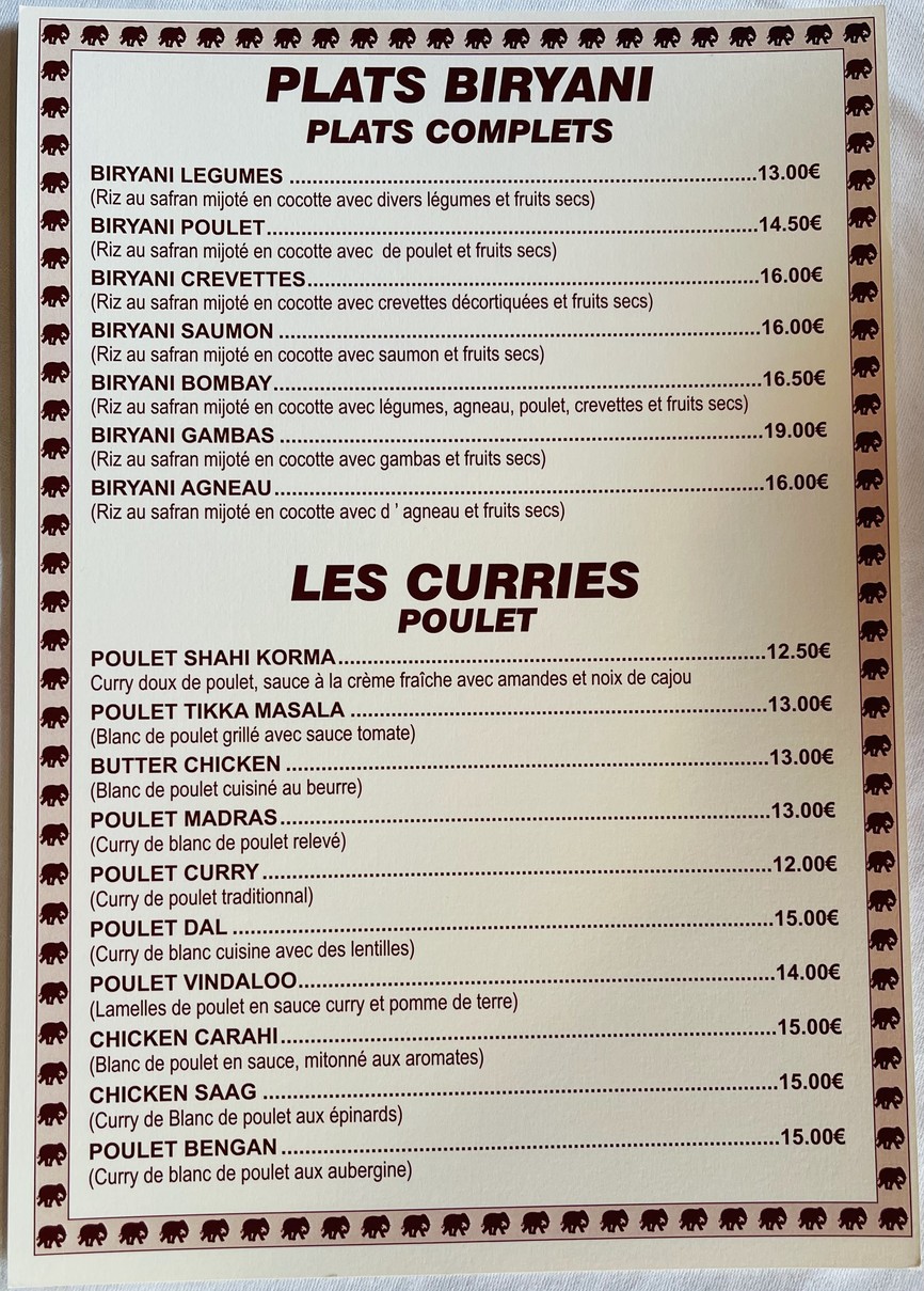 Etoile de L'Inde menu 6