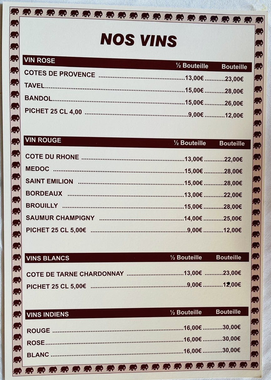 Etoile de L'Inde menu 8