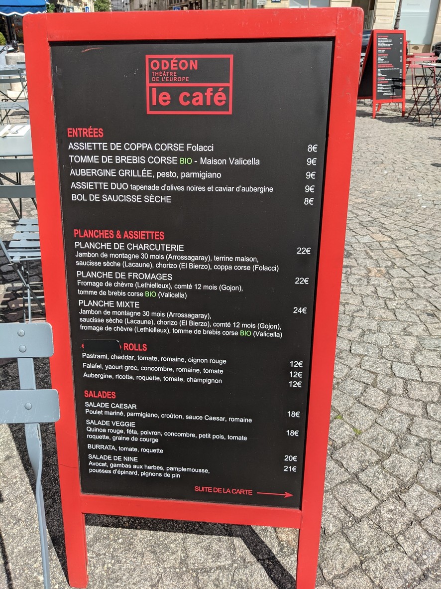 Le Café de L'Odéon menu 1