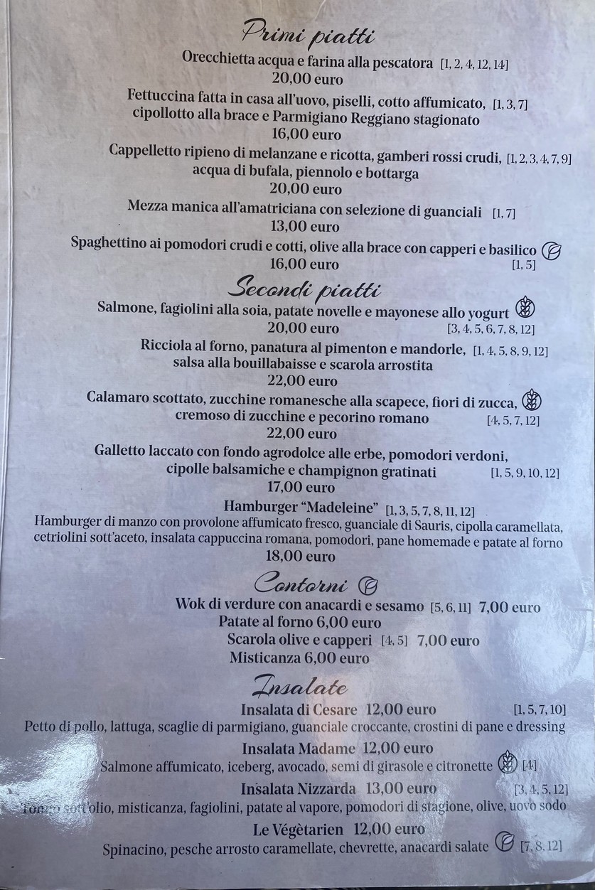 Madeleine menu 2