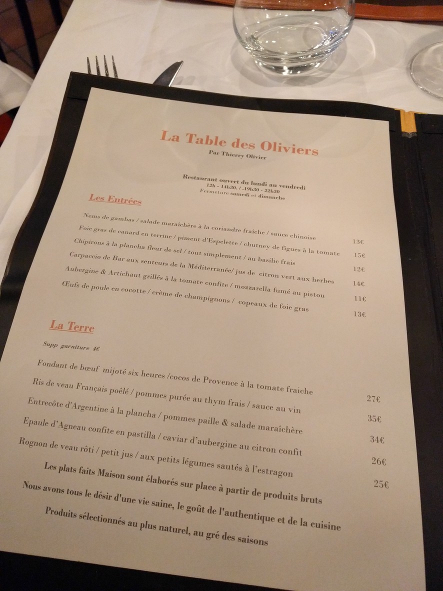 La Table des Oliviers menu 1