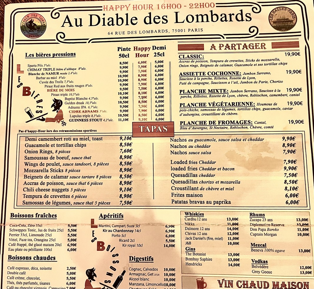 Au Diable des Lombards menu 1