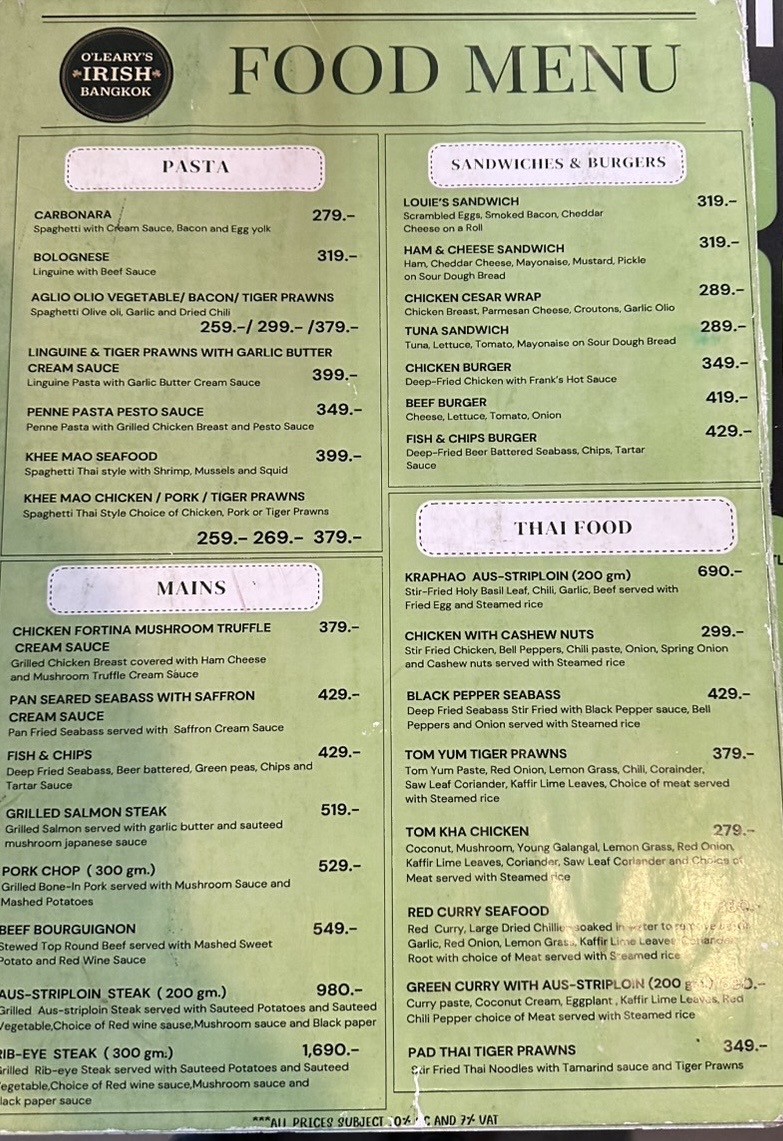 The Irish Pub Bangkok menu 2