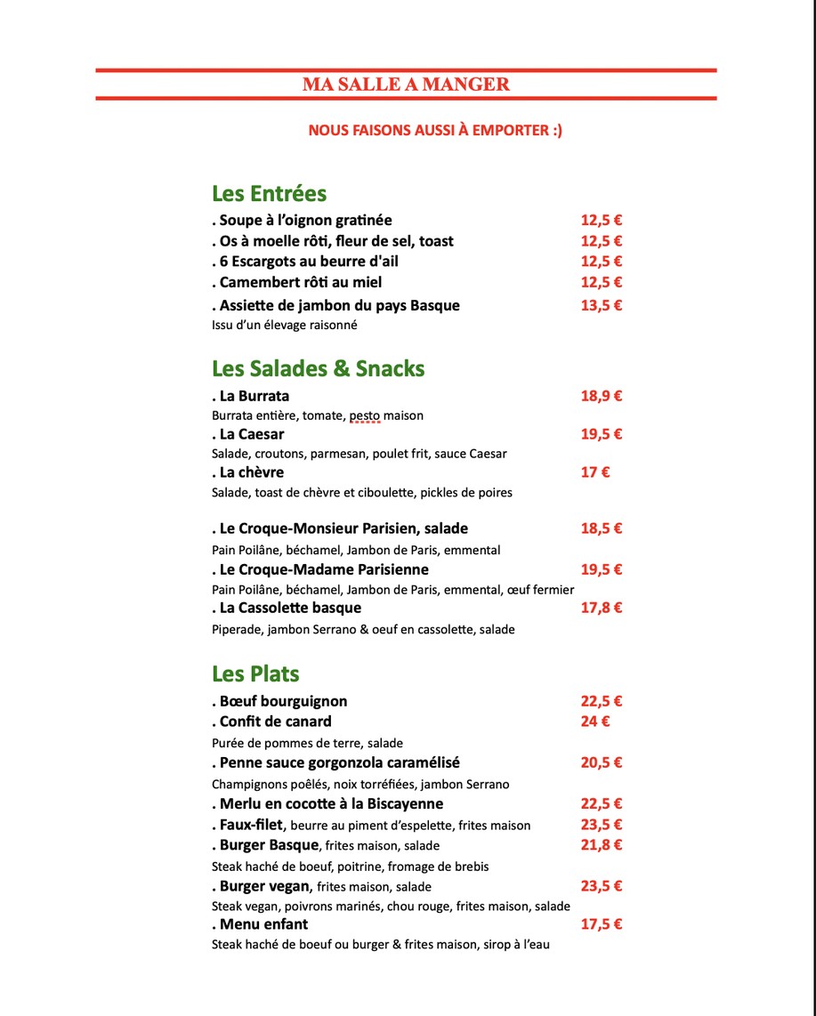 Ma salle à manger menu 1