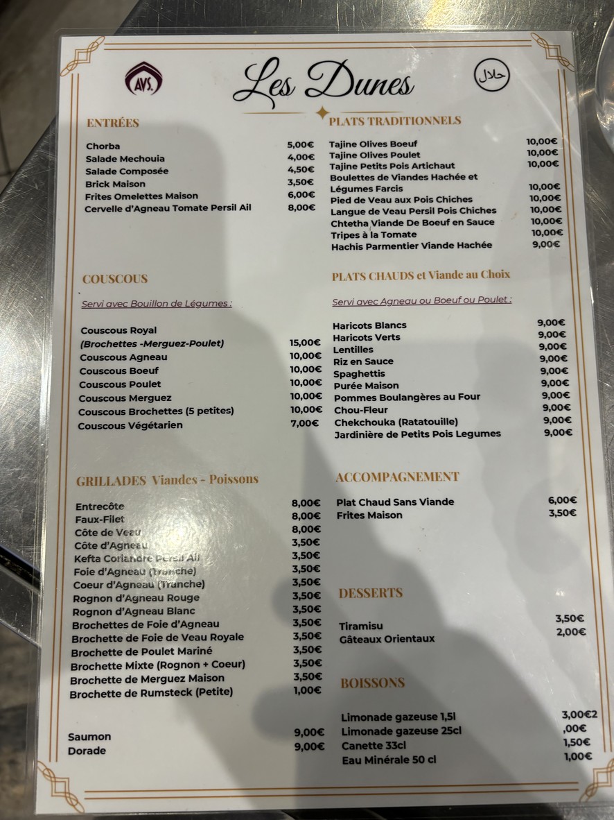 Les Dunes menu 1