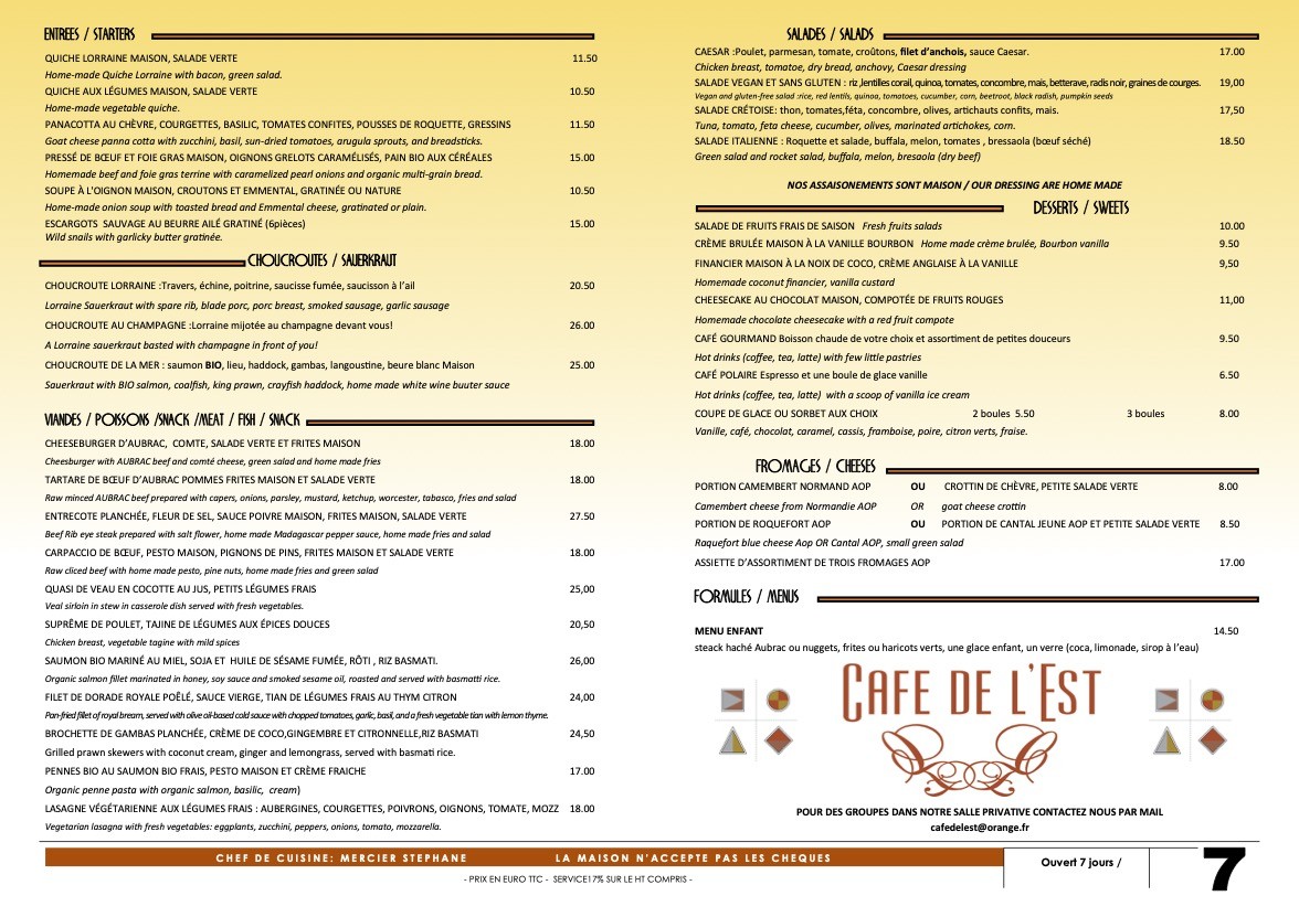 Le Café de l'Est menu 1