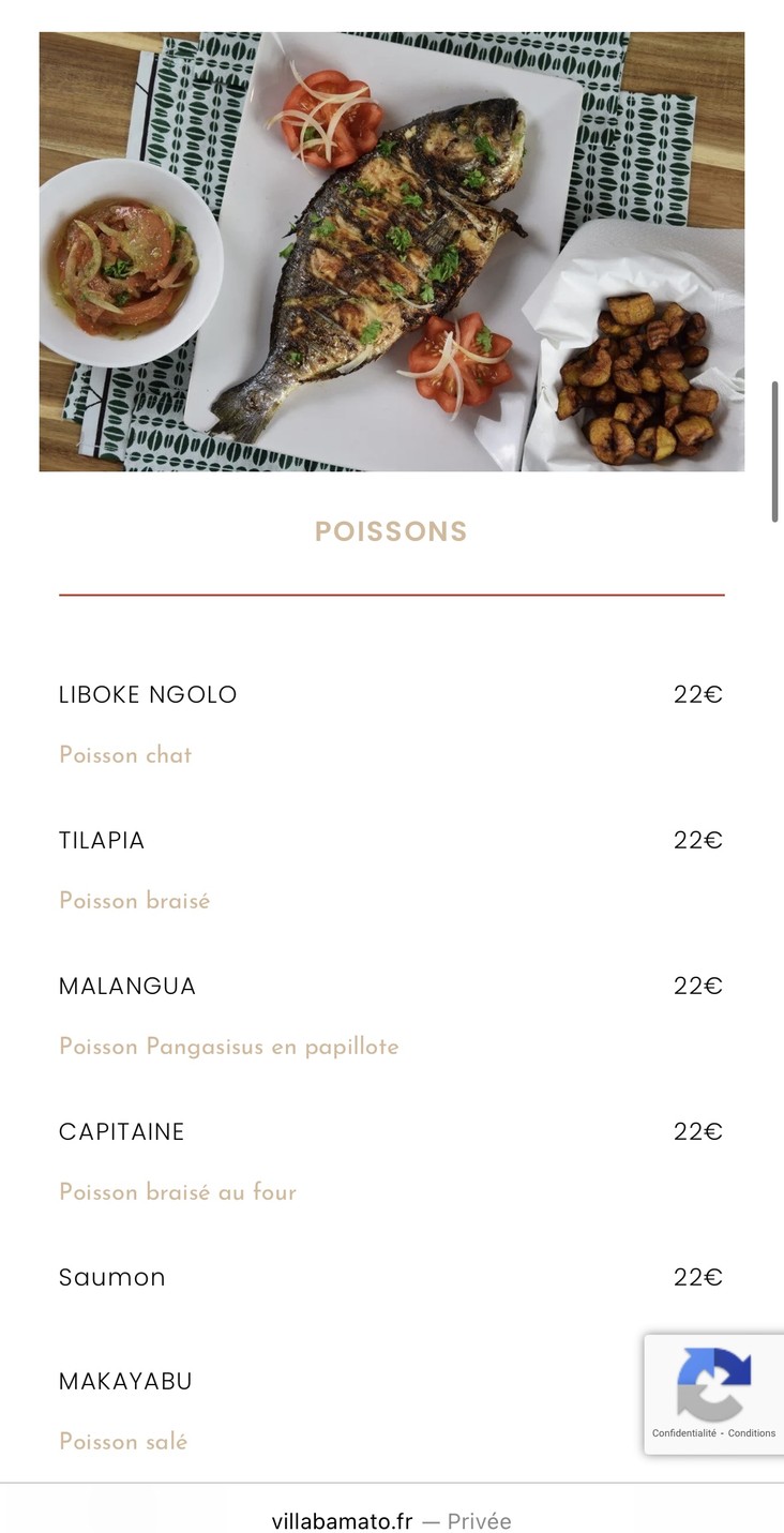 Villa Bamato - Restaurant Africain menu 1