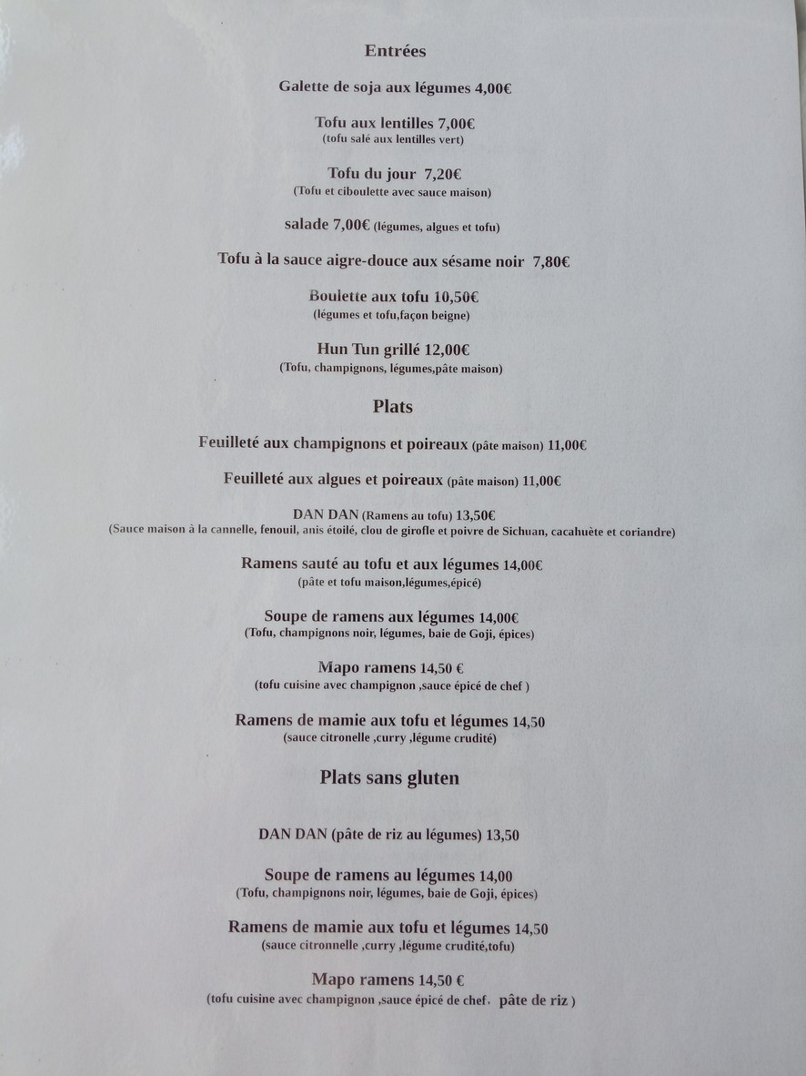 Toutofu, Atelier de soja menu 1
