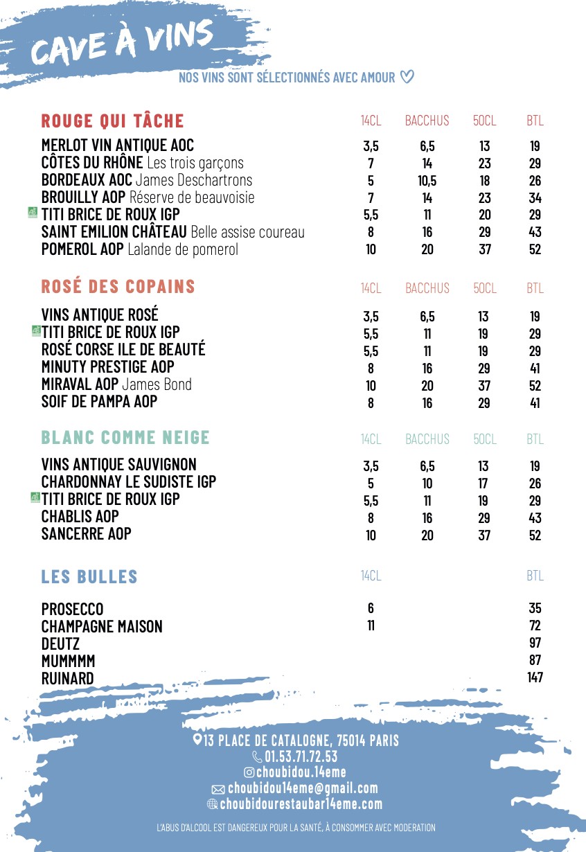Choubidou Paris Montparnasse menu 3