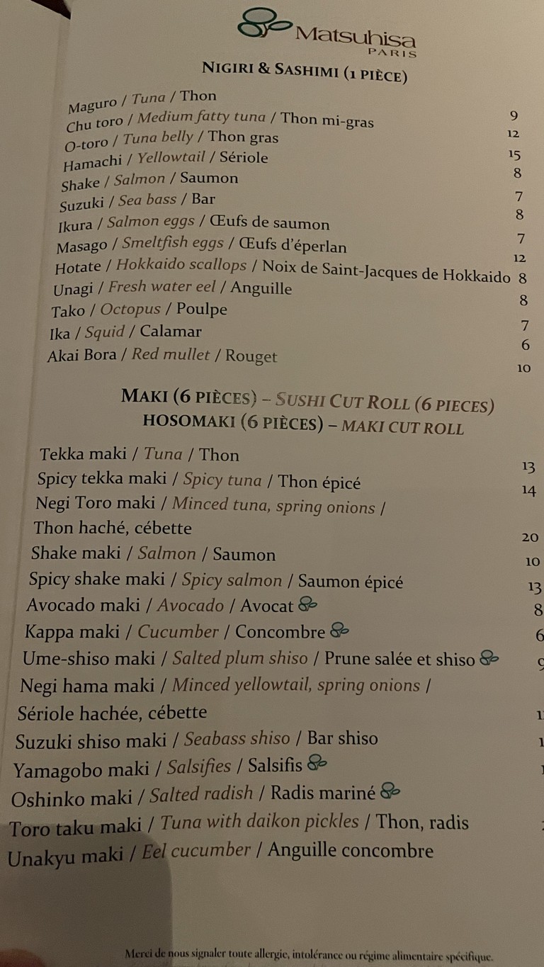 Matsuhisa Paris menu 2