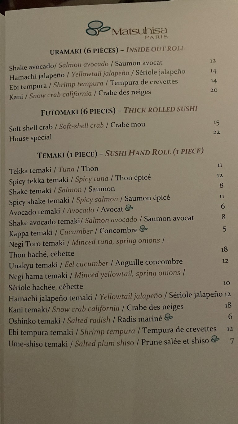 Matsuhisa Paris menu 3