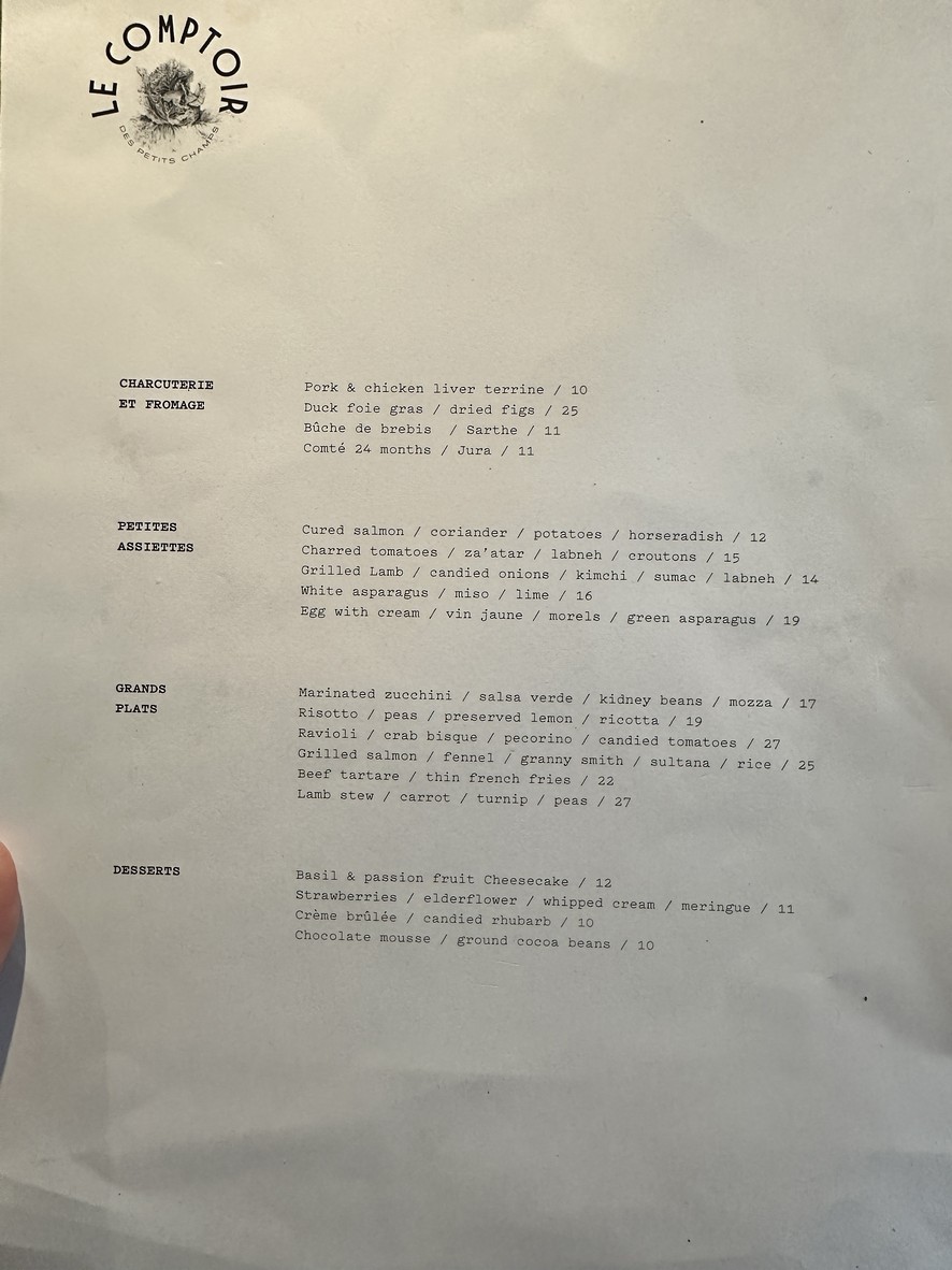 Le Comptoir des Petits Champs menu 1