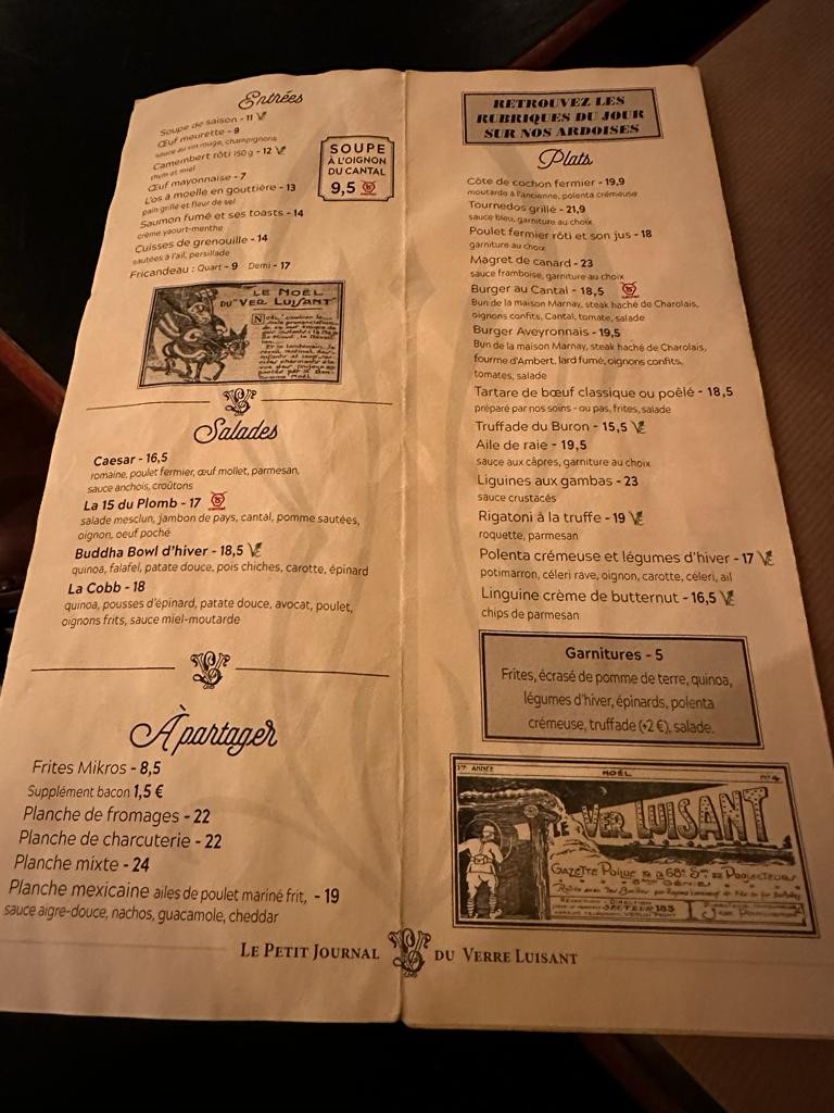 Le Verre Luisant menu 1