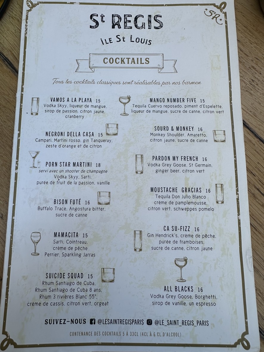 Le Saint-Regis - Paris menu 1