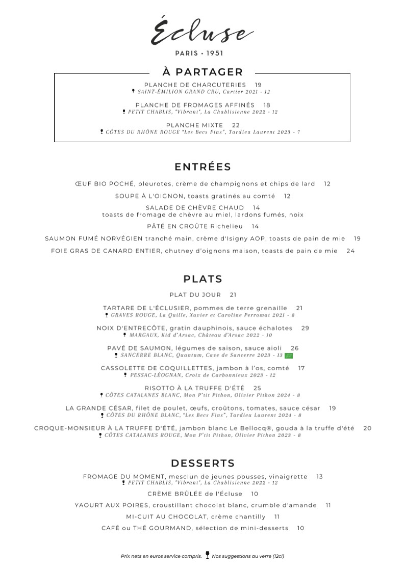 Écluse Saint-Honoré menu 1