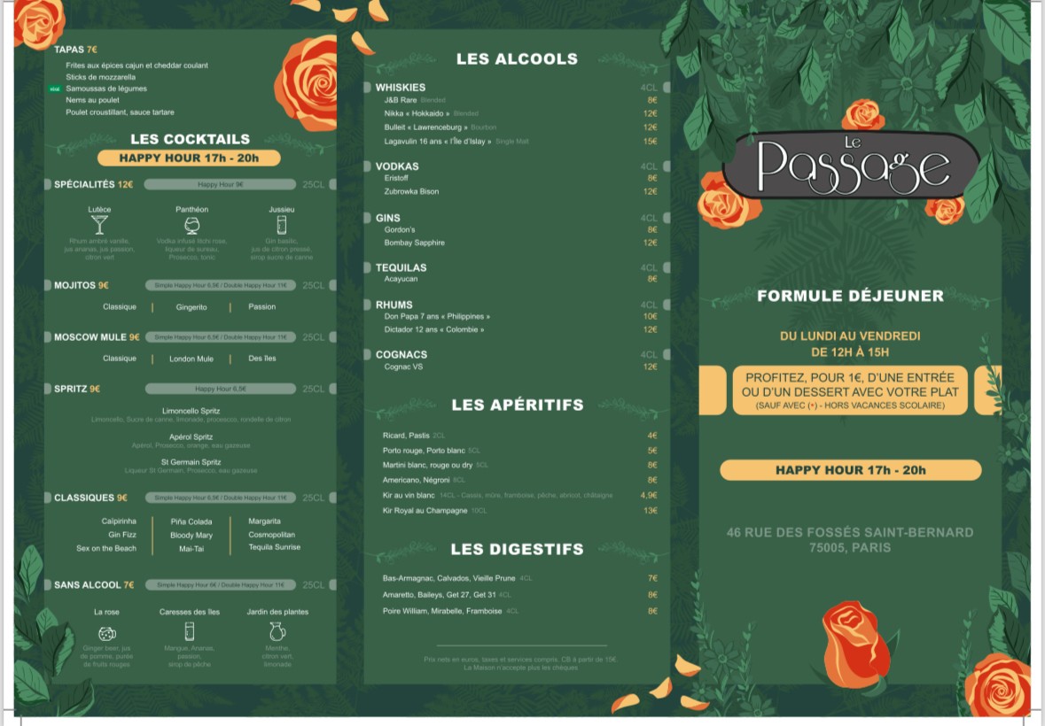 Le Passage menu 1
