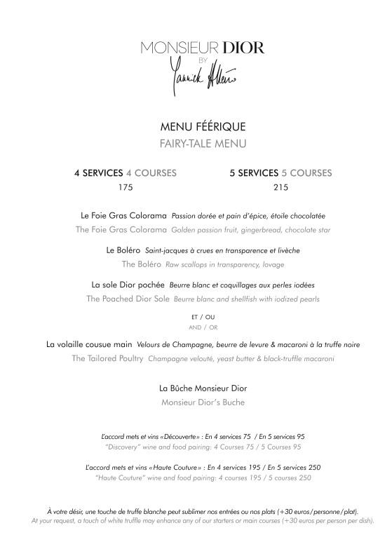 Monsieur Dior menu 1