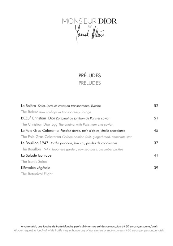 Monsieur Dior menu 2