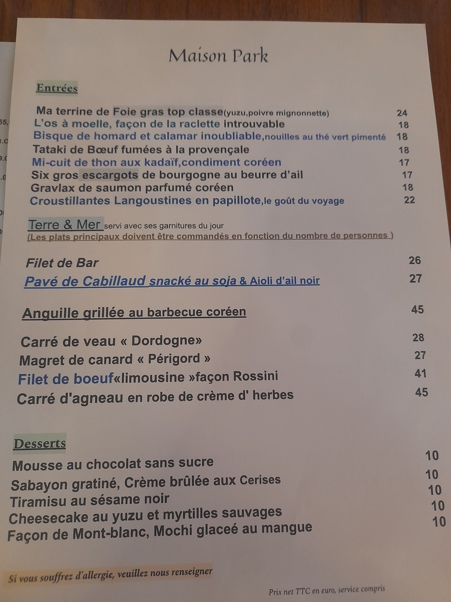 Maison Park I Franco Corée Fusion menu 1