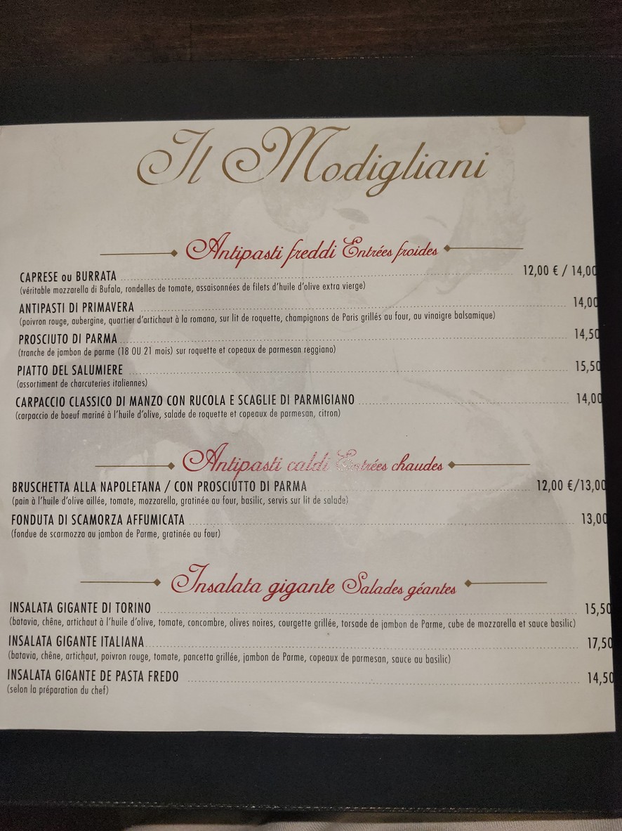 Il Modigliani menu 1