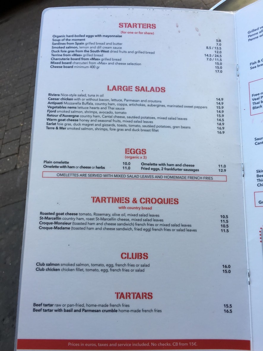 Le Sauret menu 1
