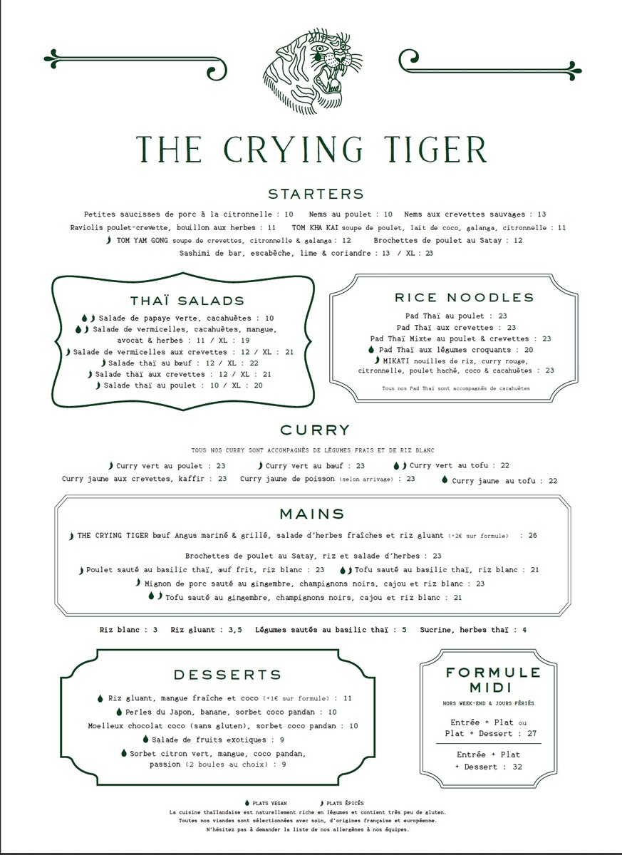 The Crying Tiger Paris 16 menu 1