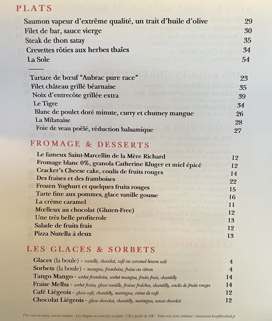 Le Coq menu 1