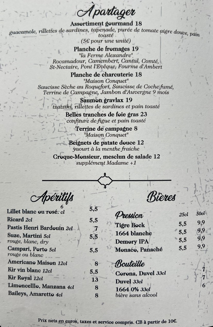 Chez ma belle mère menu 1