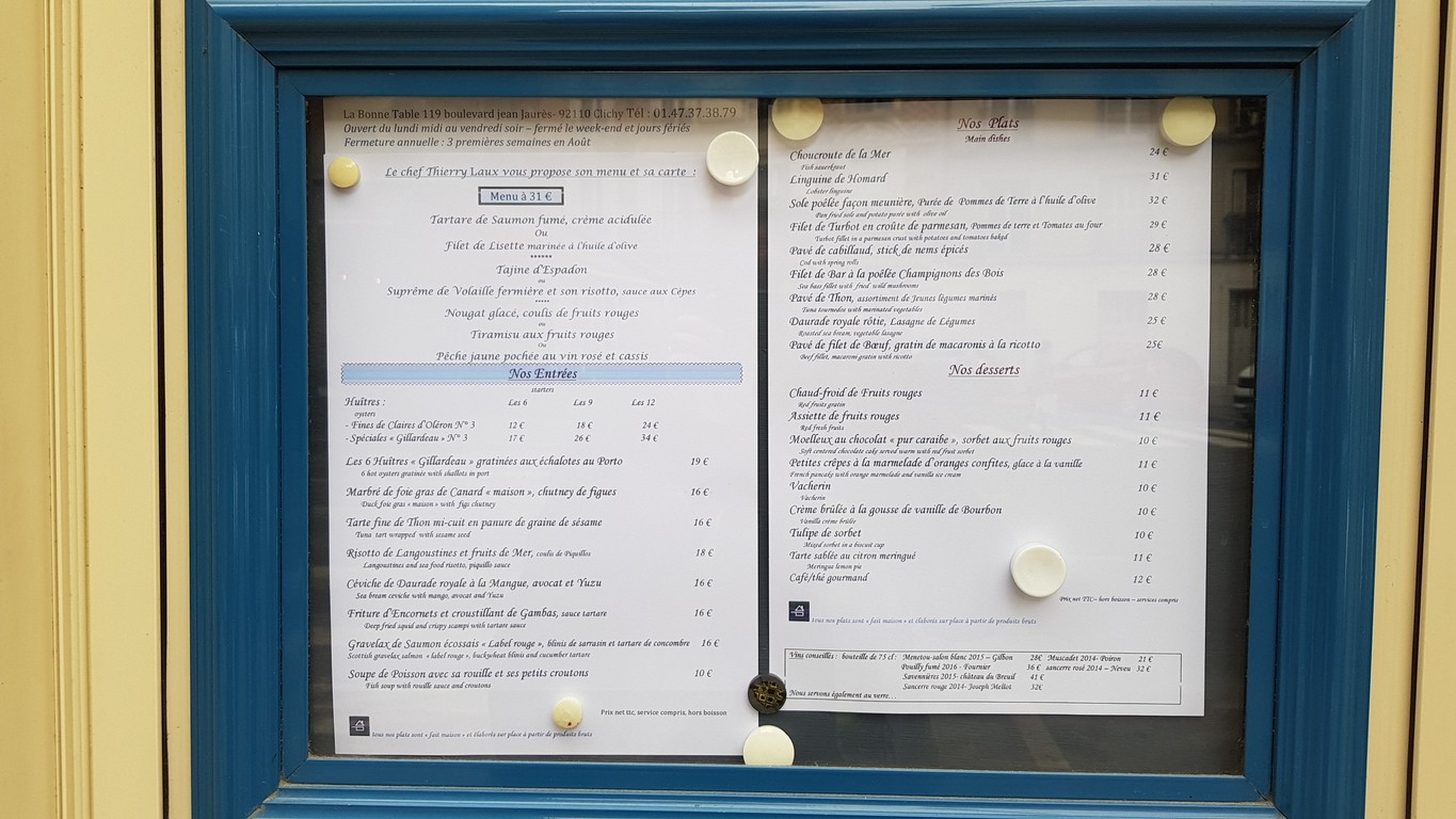 La Bonne Table menu 1