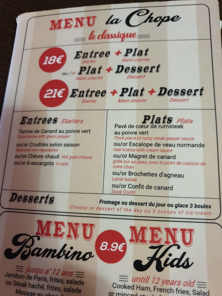 La Chope Saint Fargeau menu 1