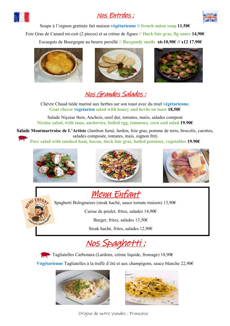 L'Artiste menu 1